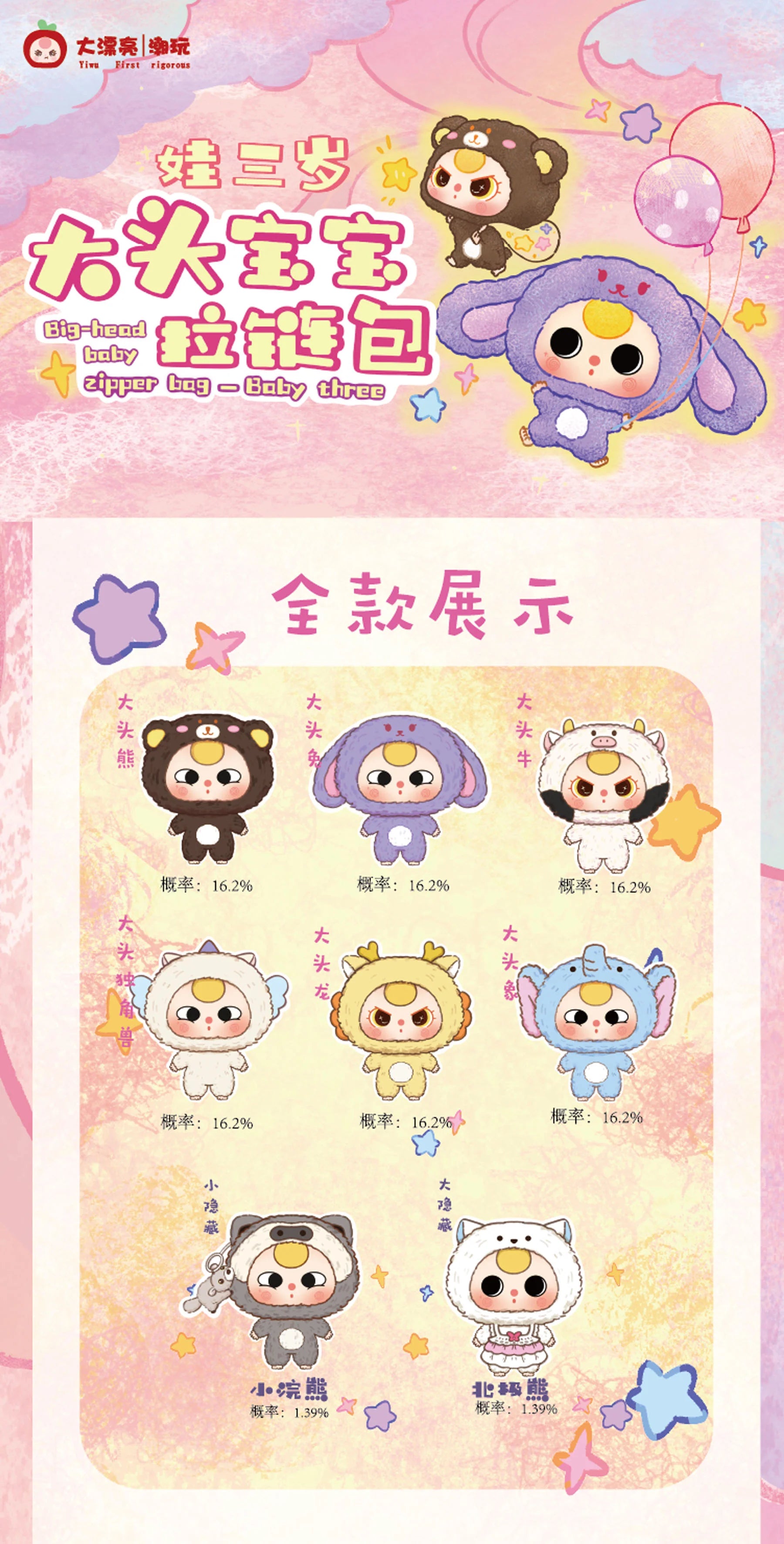 UCC Dist. Baby Three - Big Head Baby Zipper Bag Plush Blind Box